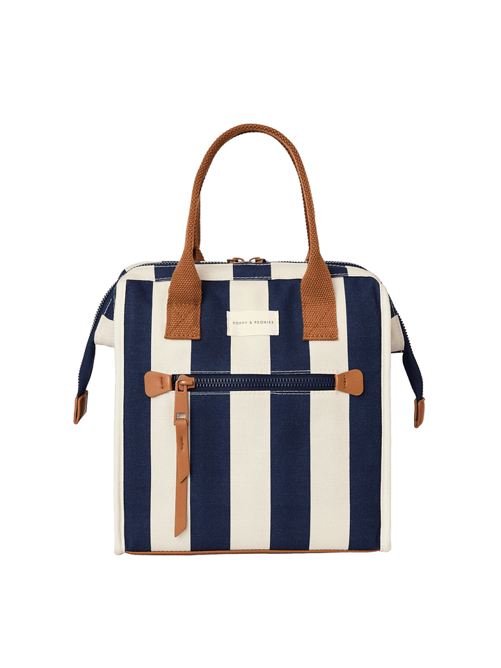 Navy and white striped lunch bag with brown handles 