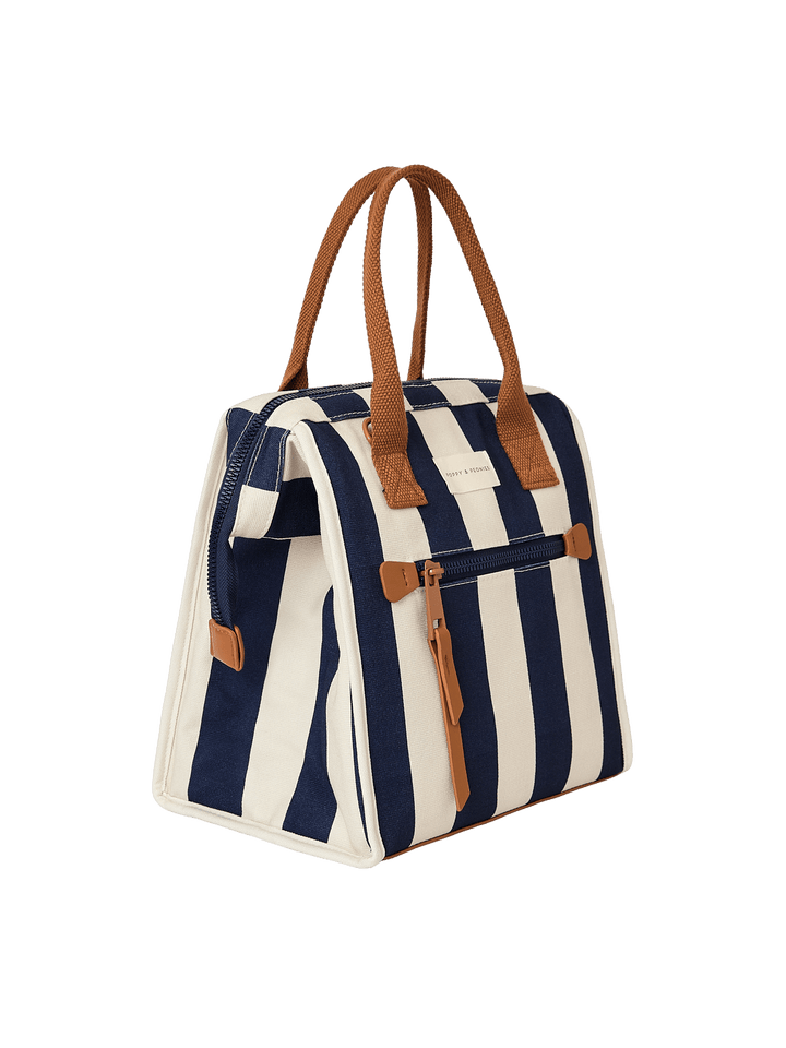 Navy and white striped lunch bag with brown handles