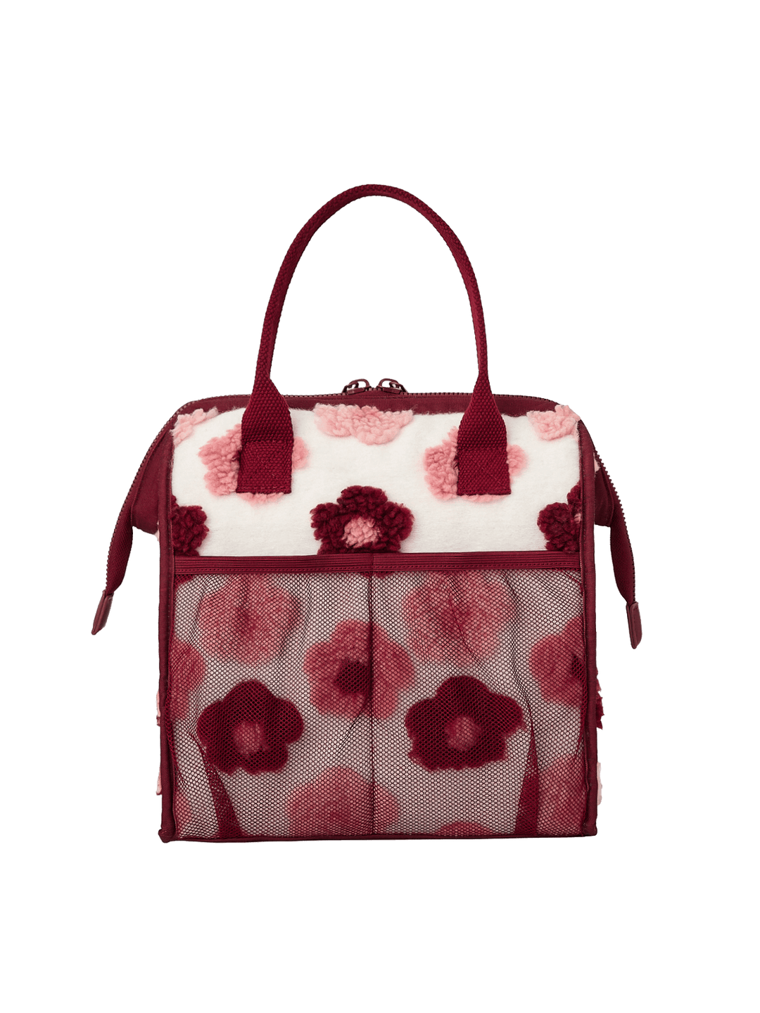 Poppy and Peonies The Lunch Bag Berry Floral displayed from the back, featuring its cream-colored exterior with pink and berry floral patterns, contrasting berry trim, dual top handles, and zippered top closure.