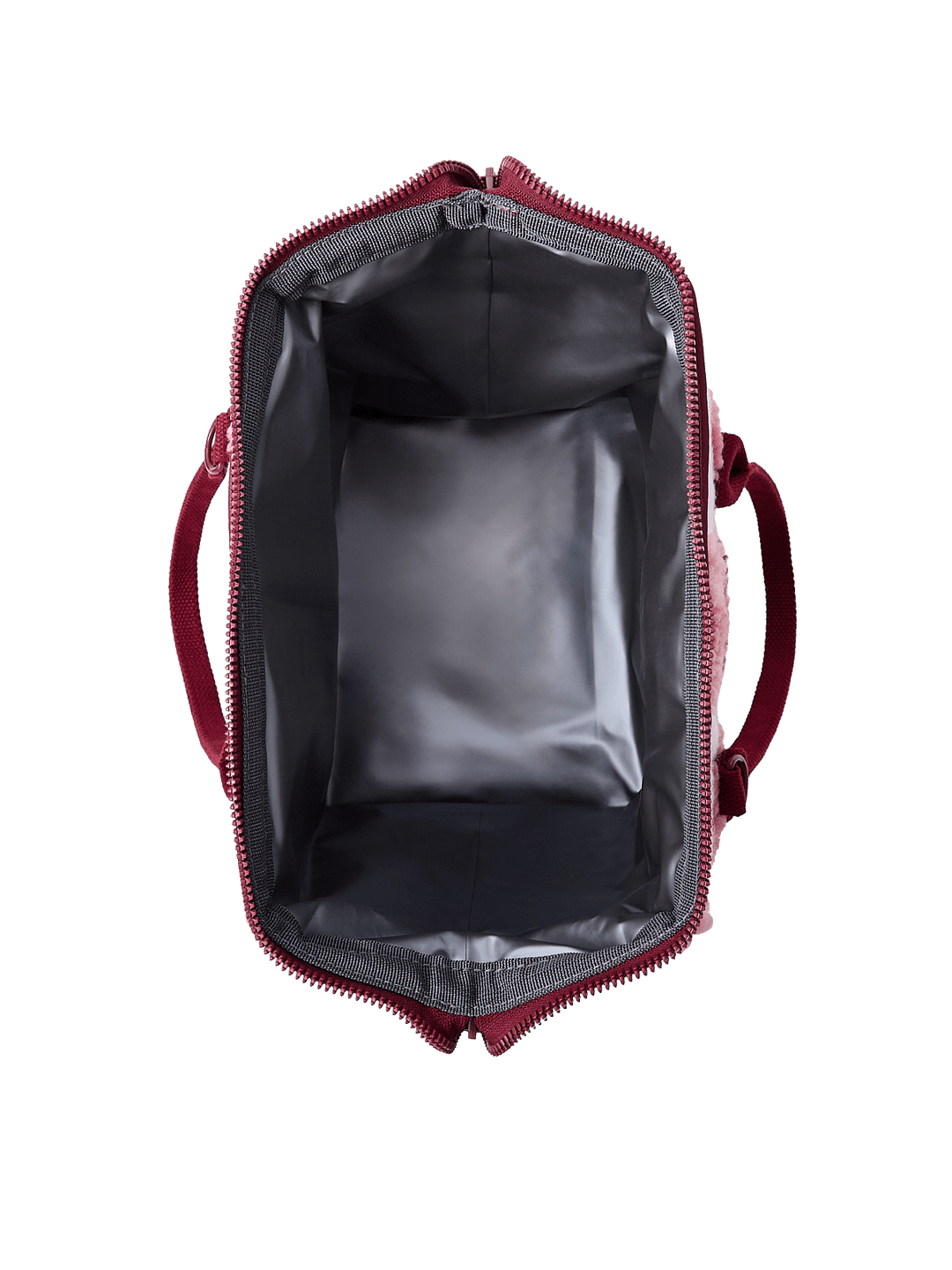 Poppy and Peonies The Lunch Bag Berry Floral displayed fully open from above, revealing its spacious silver-gray insulated interior, zippered opening, and structured design for storing food and beverages.