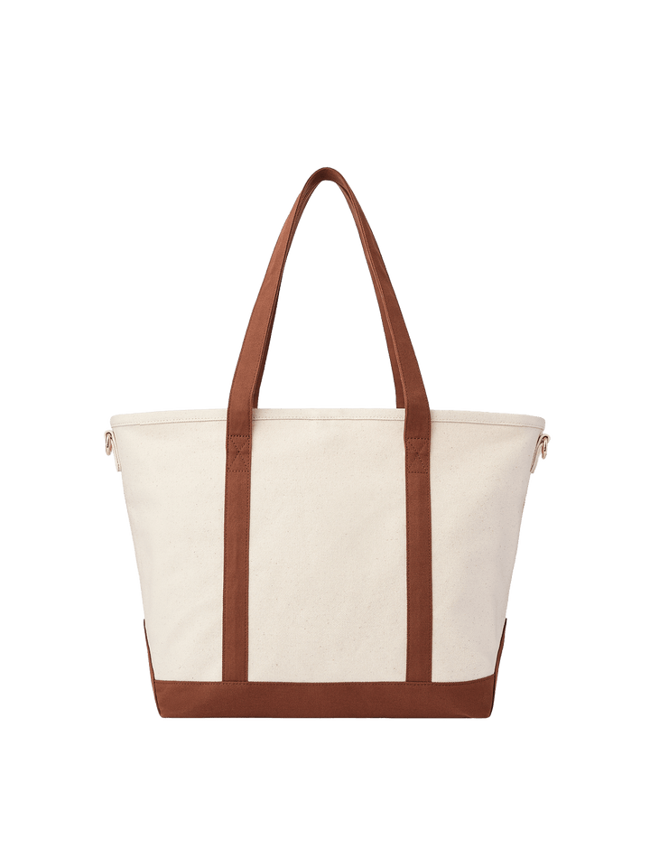 Poppy & Peonies The Signature Tote in Chestnut, front view featuring cream canvas, chestnut brown shoulder handles, matching base trim and gold-tone hardware.