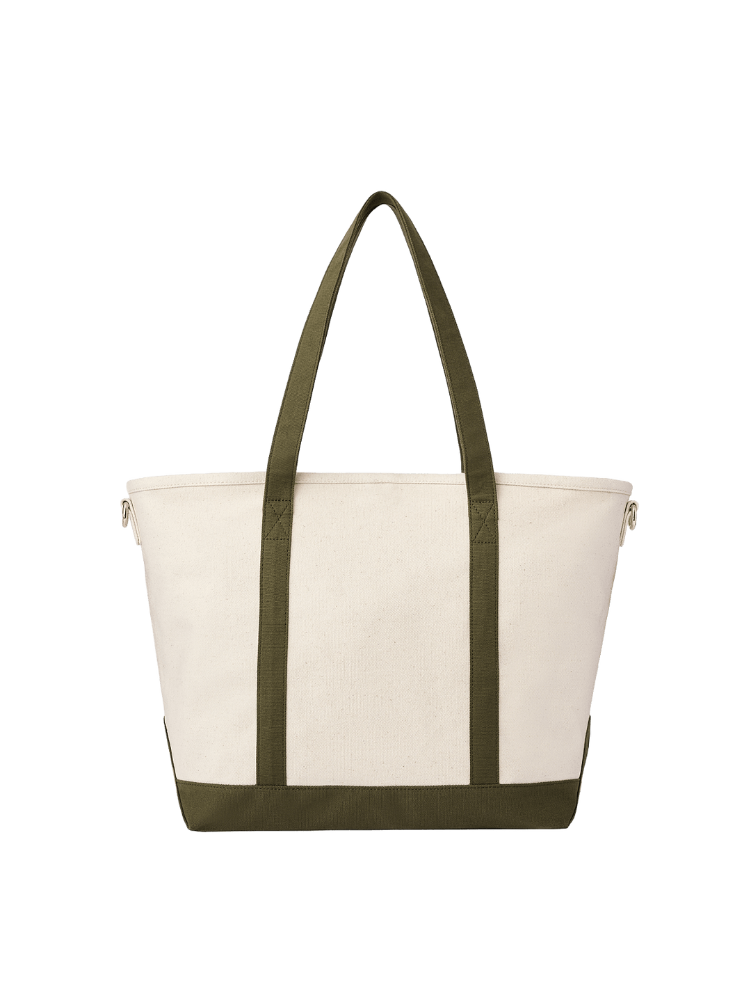 Poppy & Peonies The Signature Tote in Olive, front view featuring cream canvas, olive green shoulder handles, matching base trim and gold-tone hardware.