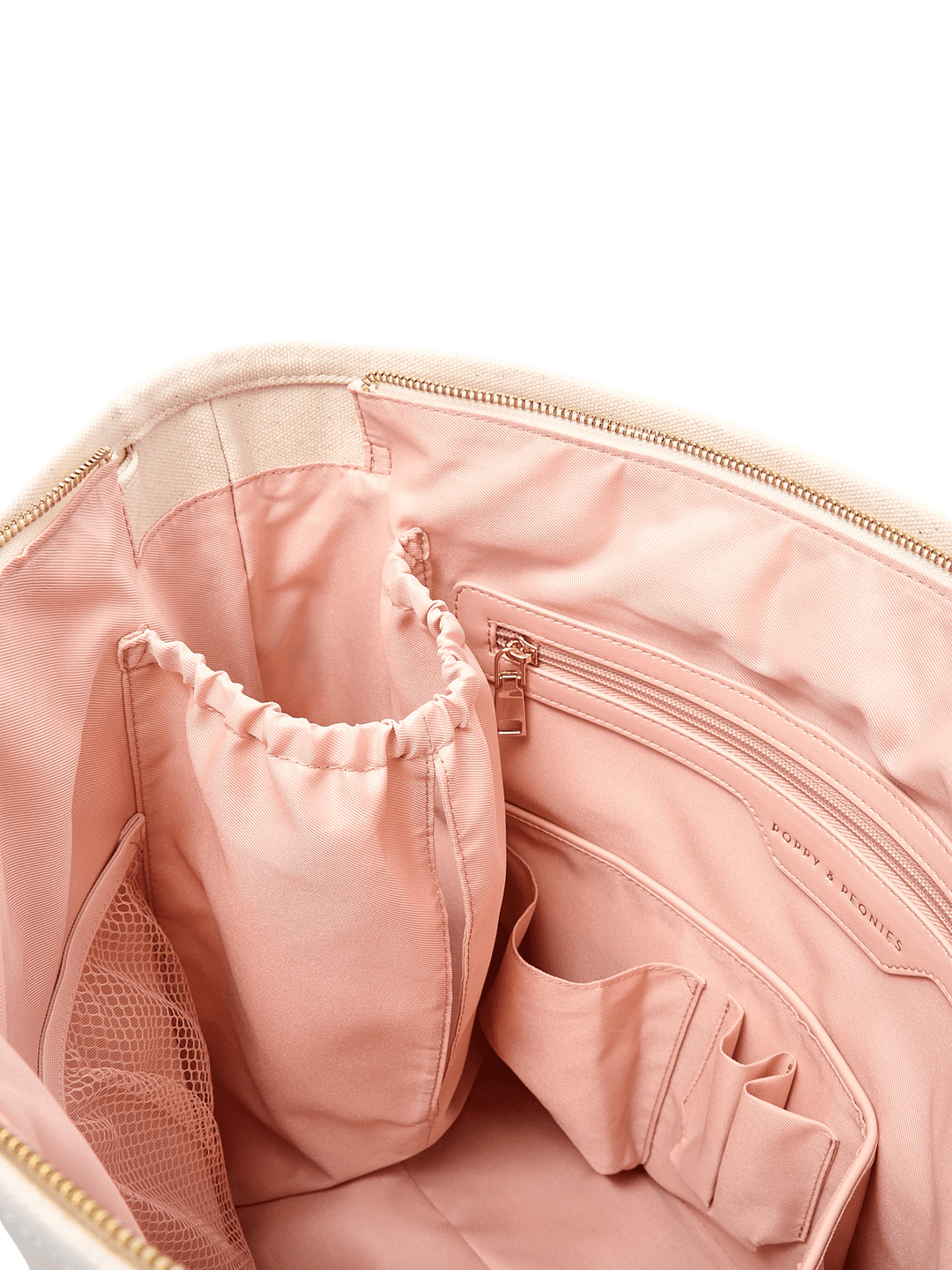 Interior detail of Poppy & Peonies The Signature Tote in Olive, featuring blush pink elasticated bottle holders, a zippered pocket and gold-tone zipper.