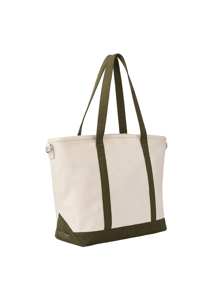Angled product view of Poppy & Peonies The Signature Tote in Olive, highlighting its structured rectangular silhouette, olive green base and long shoulder handles.