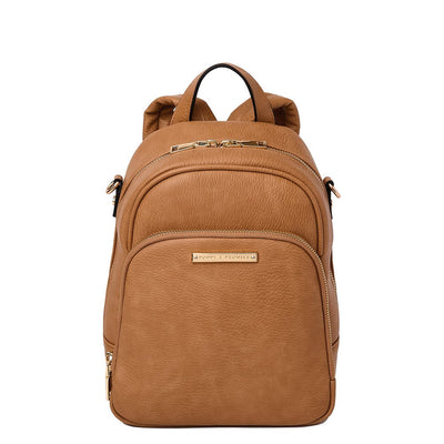 Front of a camel coloured Poppy and Peonies mini backpack