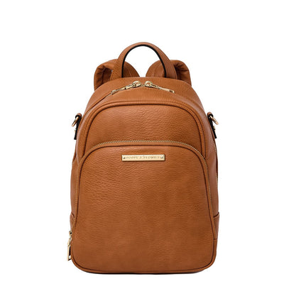 Front of a cognac coloured Poppy and Peonies mini backpack