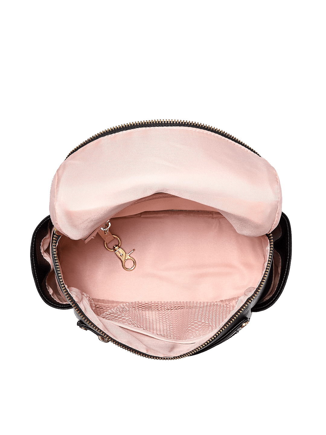 Open backpack with pink interior