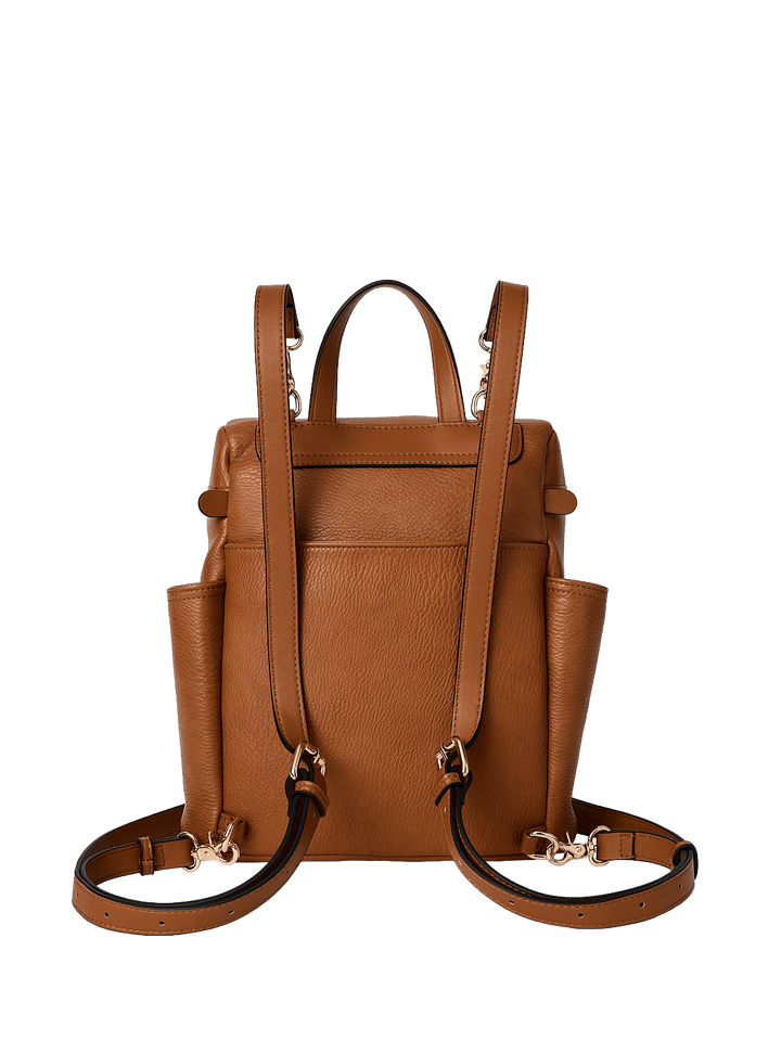 Brown vegan leather backpack with gold hardware