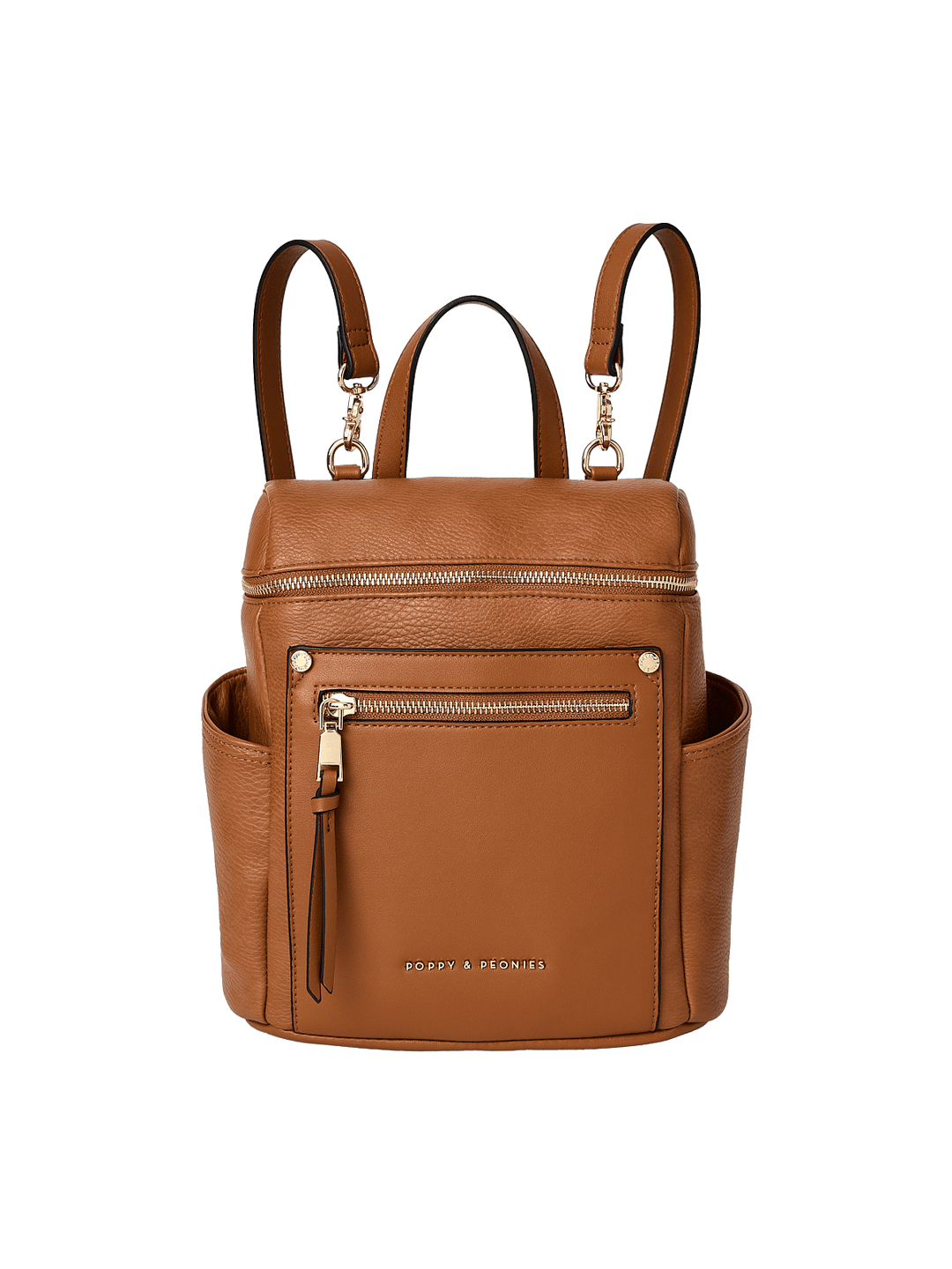 Brown vegan leather backpack with gold hardware
