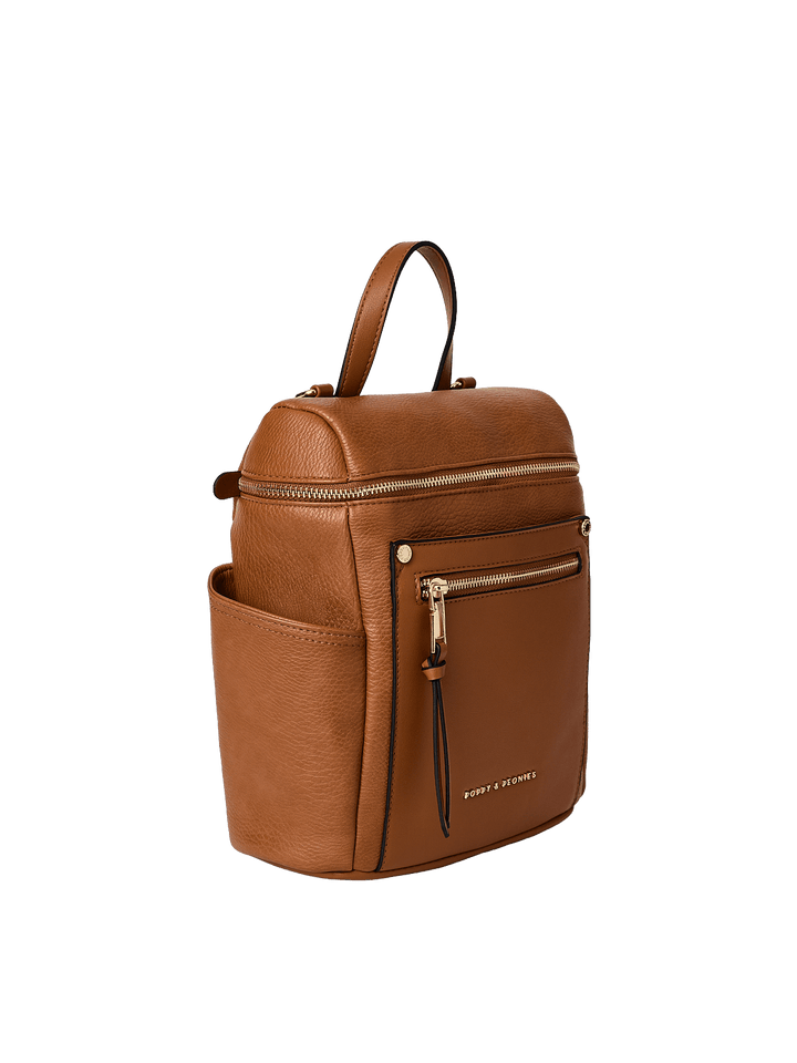 Brown vegan leather backpack with gold hardware