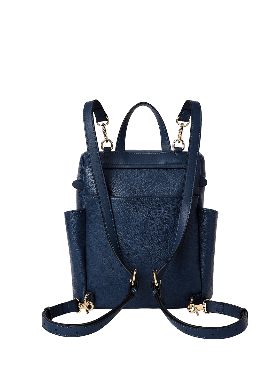 Small navy blue backpack with gold zippers