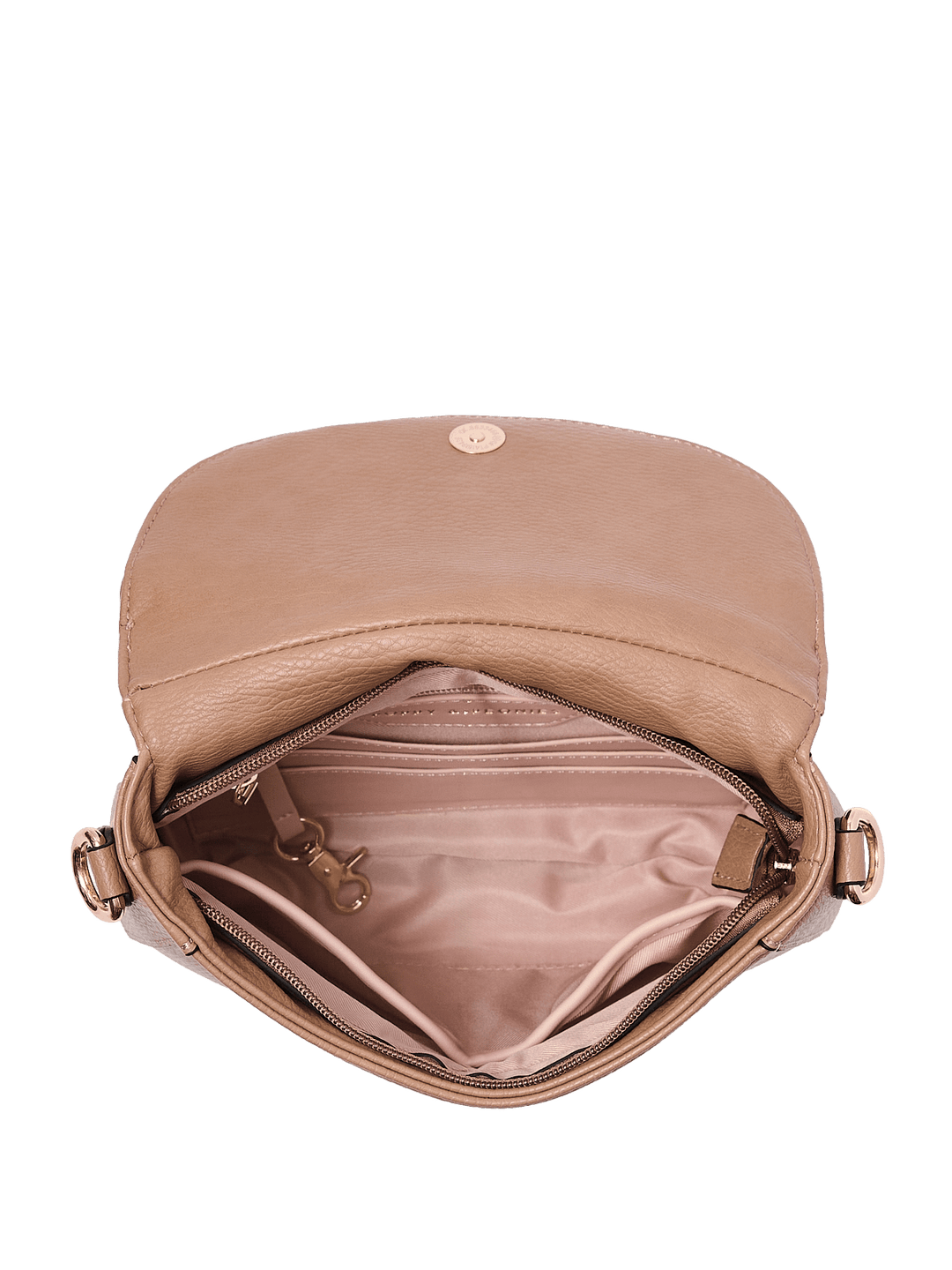 Open light brown vegan leather handbag with a crossbody strap