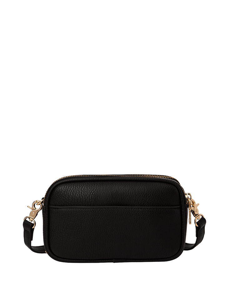 Black leather crossbody bag with gold accents on a transparent background