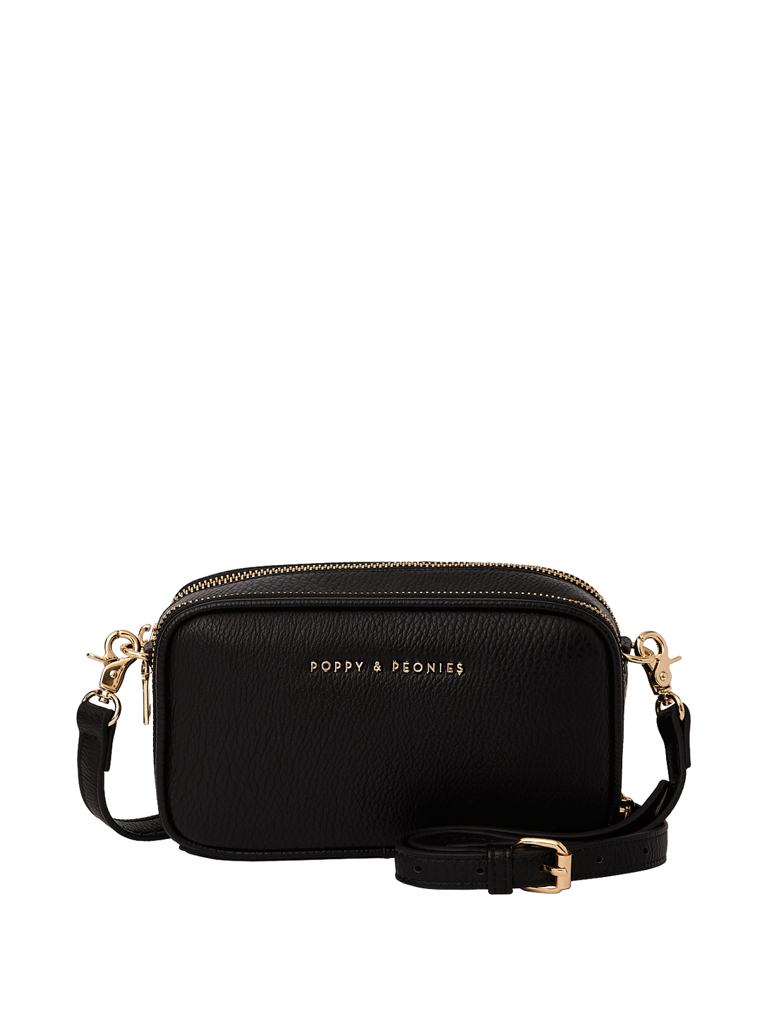 Black crossbody bag with gold accents on a transparent background