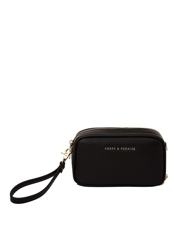 Black wristlet with a strap on a white background