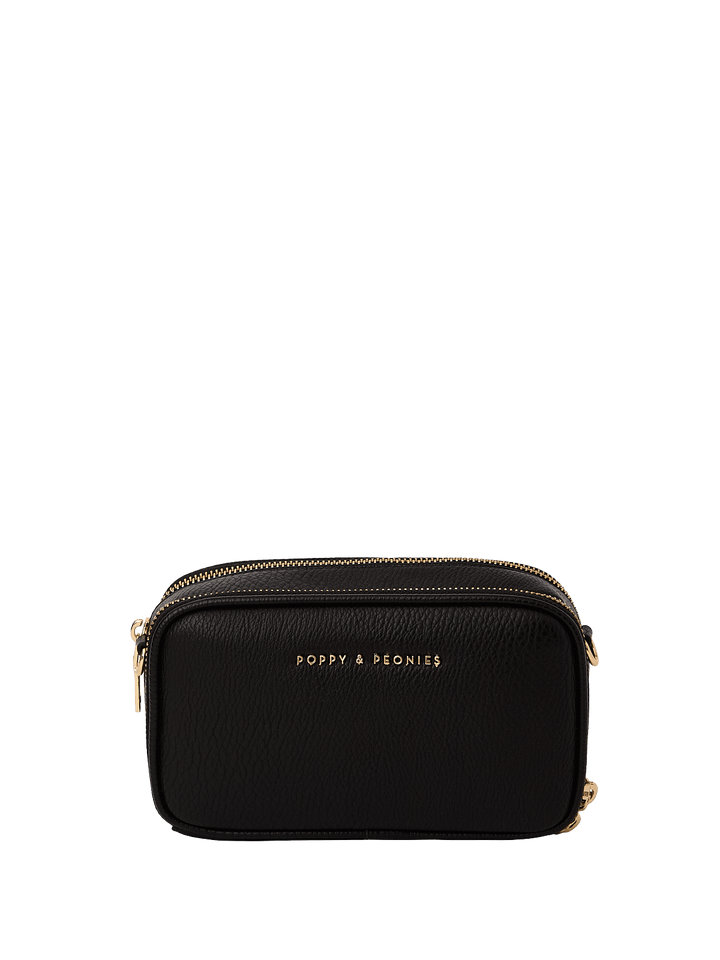 Vegan leather black bag with gold zipper on a transparent background