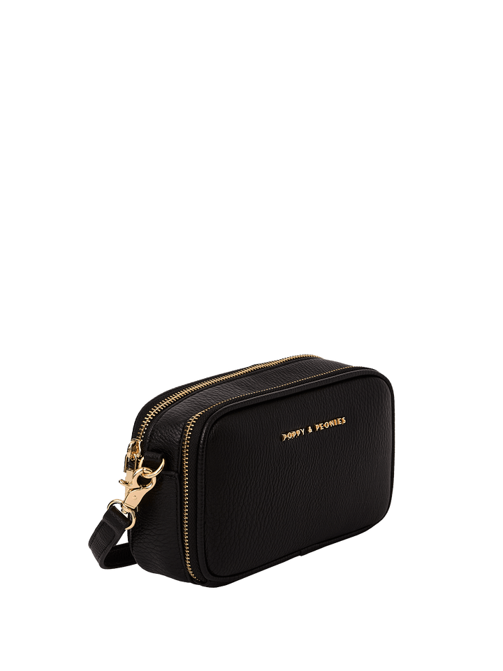 Black handbag with gold zipper on a white background