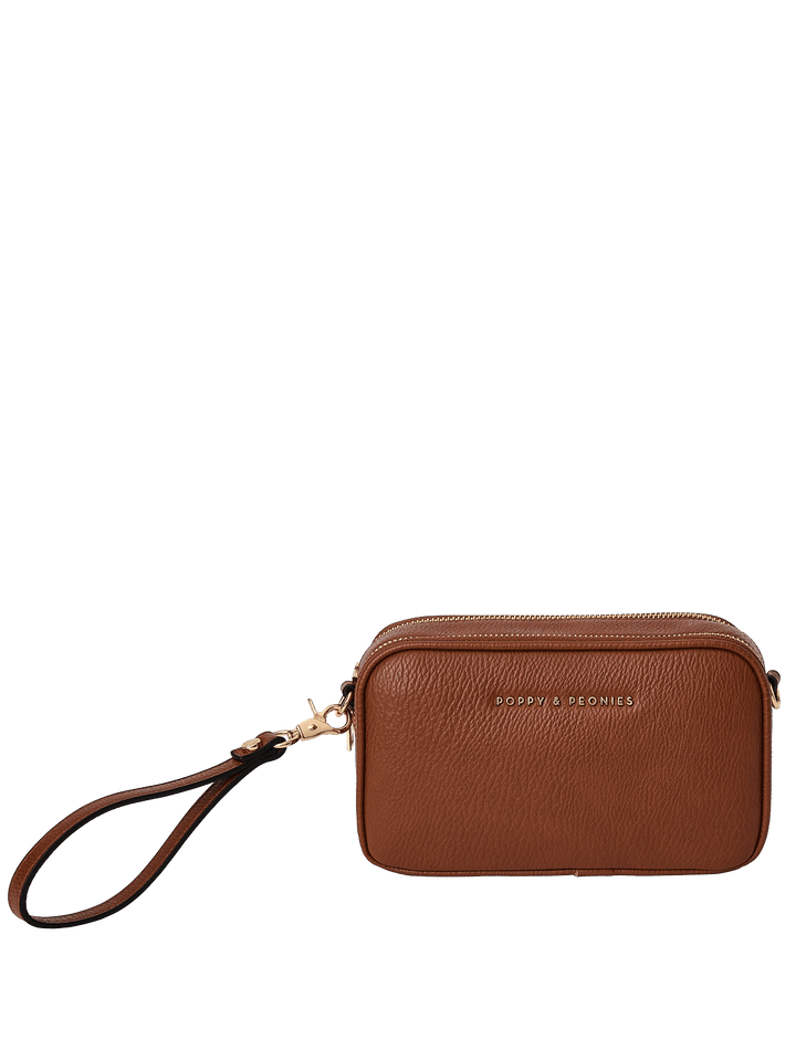 Brown vegan leather bag with wristlet