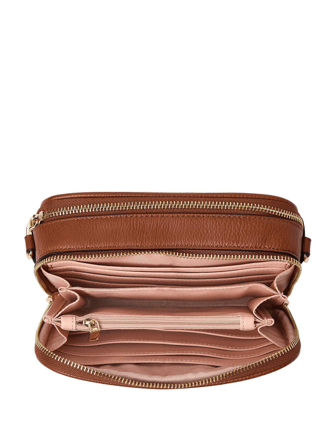 Brown vegan leather crossbody bag with open front pocket