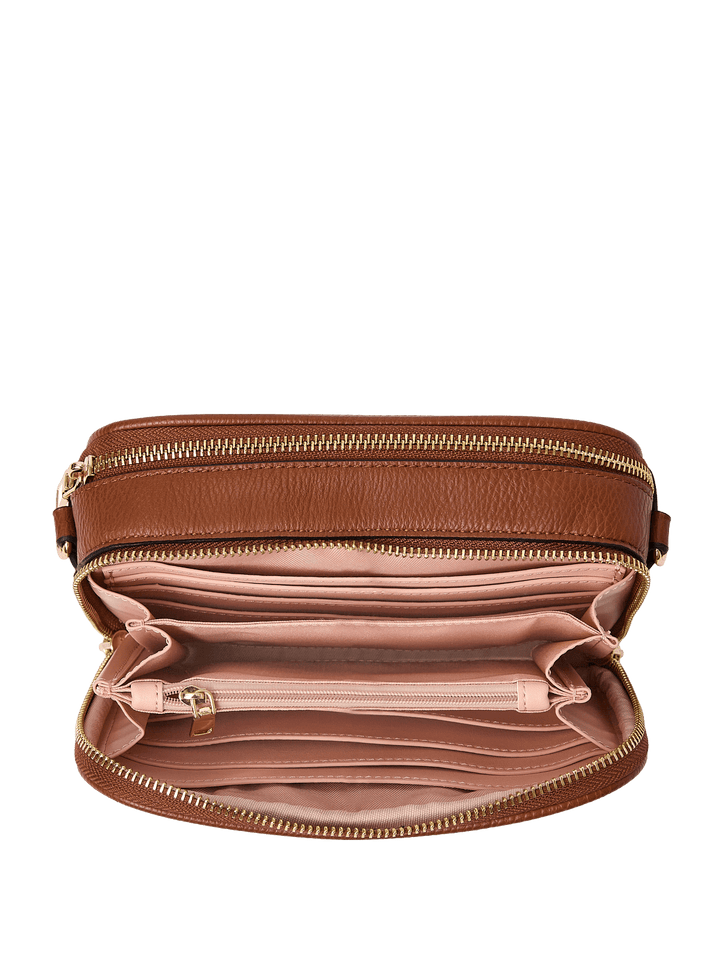 Brown vegan leather crossbody bag with open front pocket