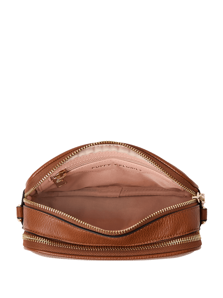 Brown vegan leather bag with open back pocket