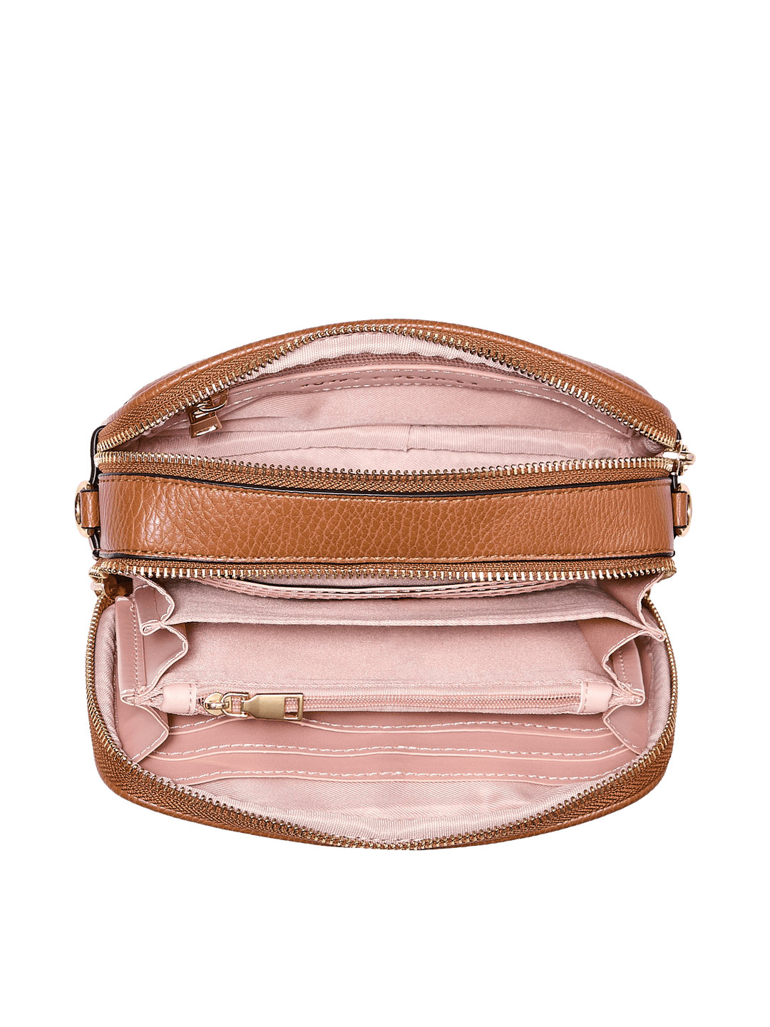 Open brown vegan leather crossbody bag with pink interior