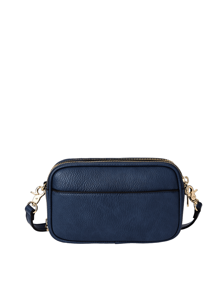 Navy blue vegan leather crossbody bag with gold hardware