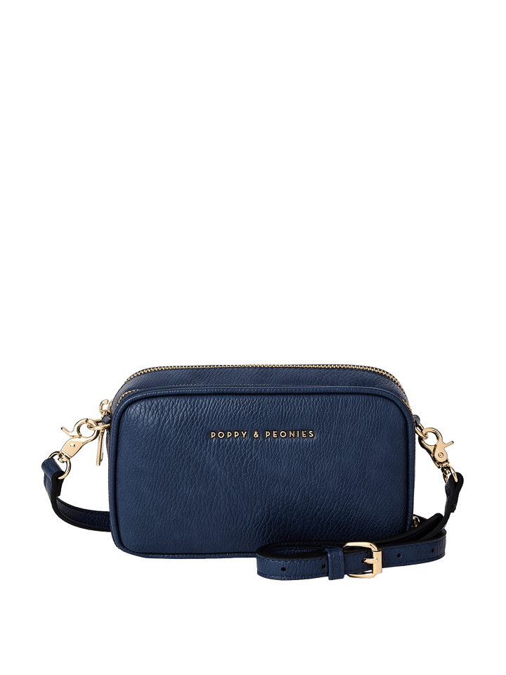 Navy blue crossbody bag with gold hardware