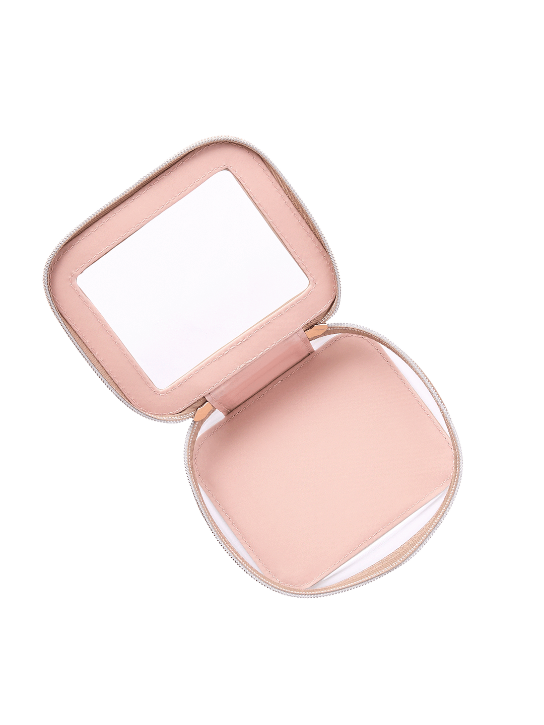 Mini I See You Cosmetic Case in Taupe opened to show wipeable interior