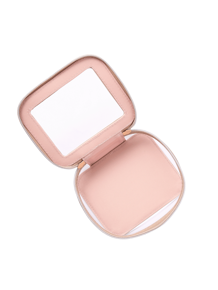 Mini I See You Cosmetic Case in Taupe opened to show wipeable interior