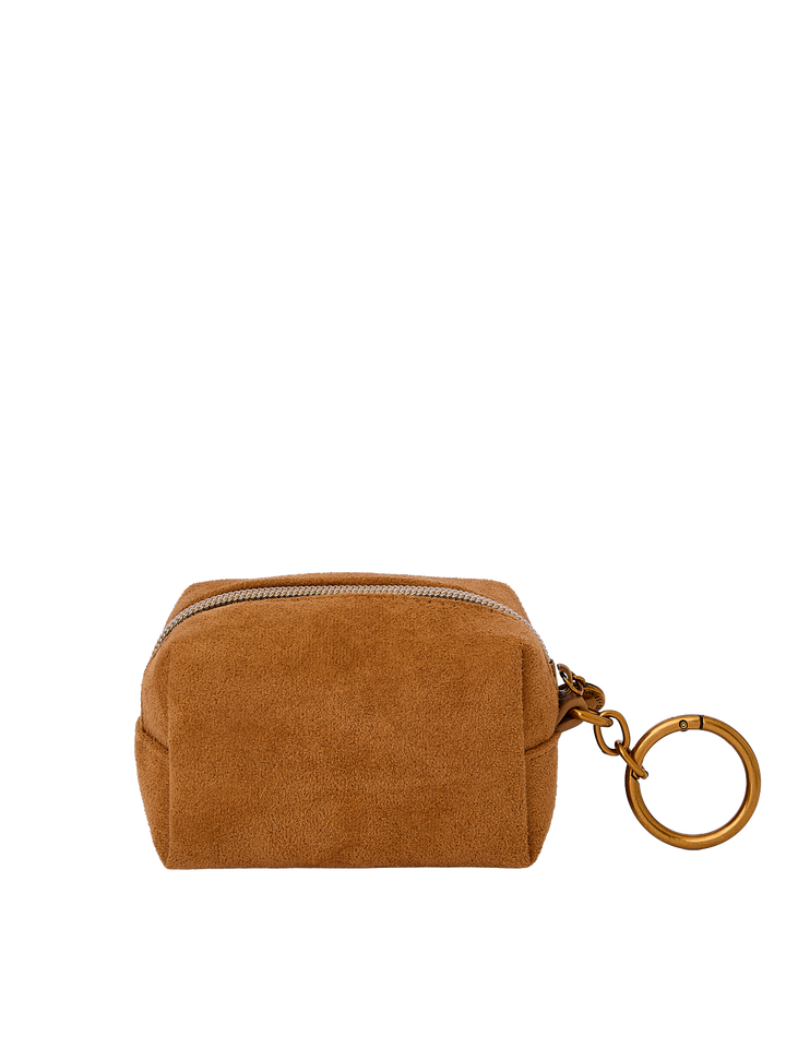 Poppy & Peonies Tag Along Charm in Cognac Suede back view, featuring a compact zippered pouch and gold-tone key ring.