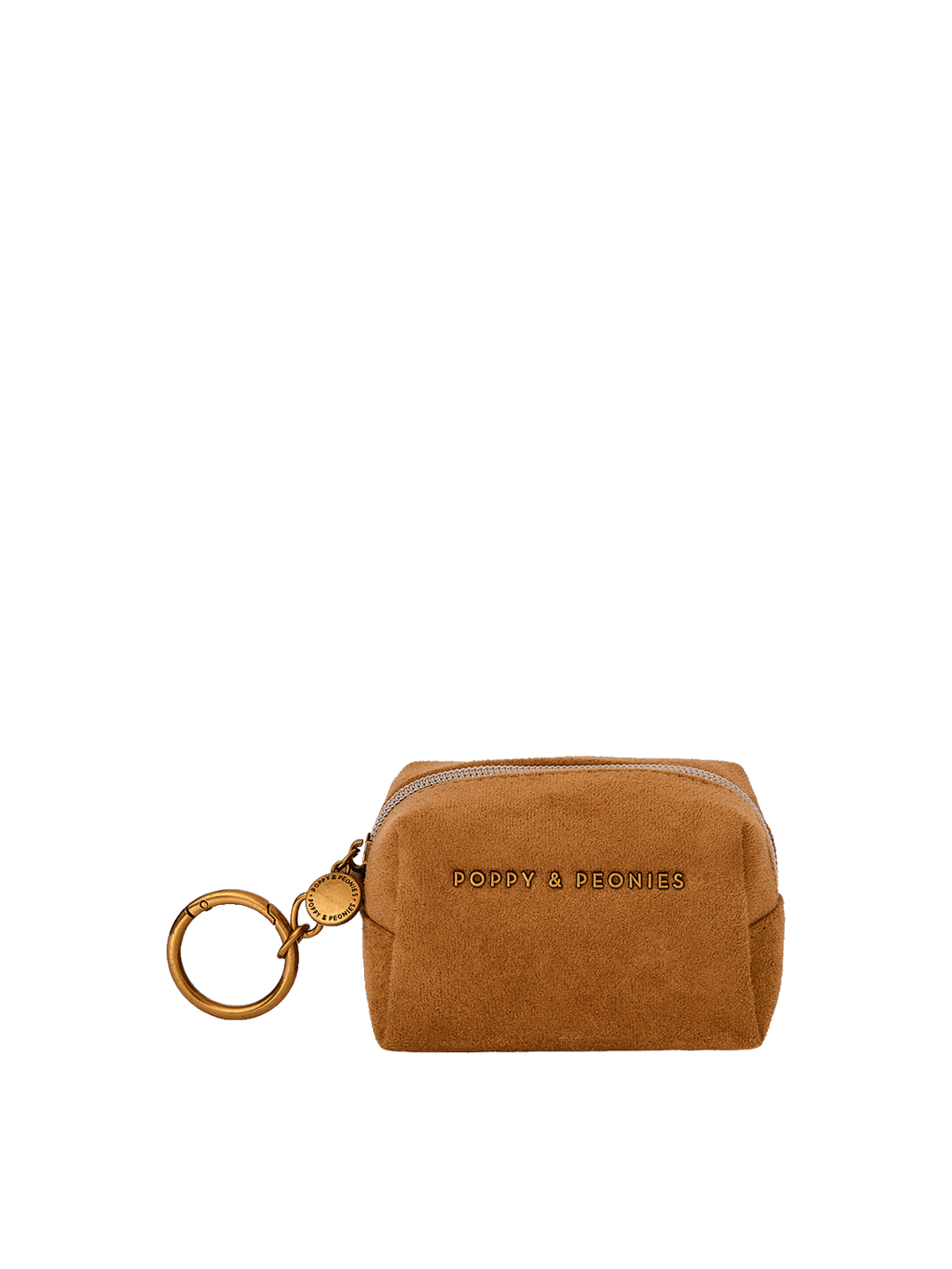 Tan suede Poppy & Peonies bag charm.