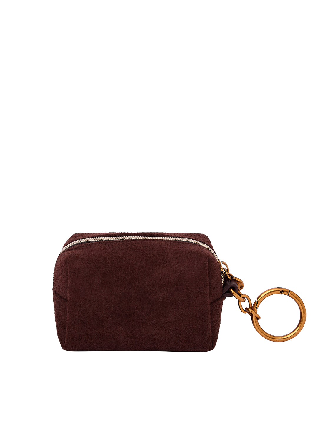 Poppy & Peonies Tag Along Charm in Espresso Suede back view, featuring a compact zippered pouch and gold-tone key ring.