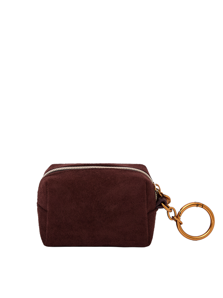 Poppy & Peonies Tag Along Charm in Espresso Suede back view, featuring a compact zippered pouch and gold-tone key ring.