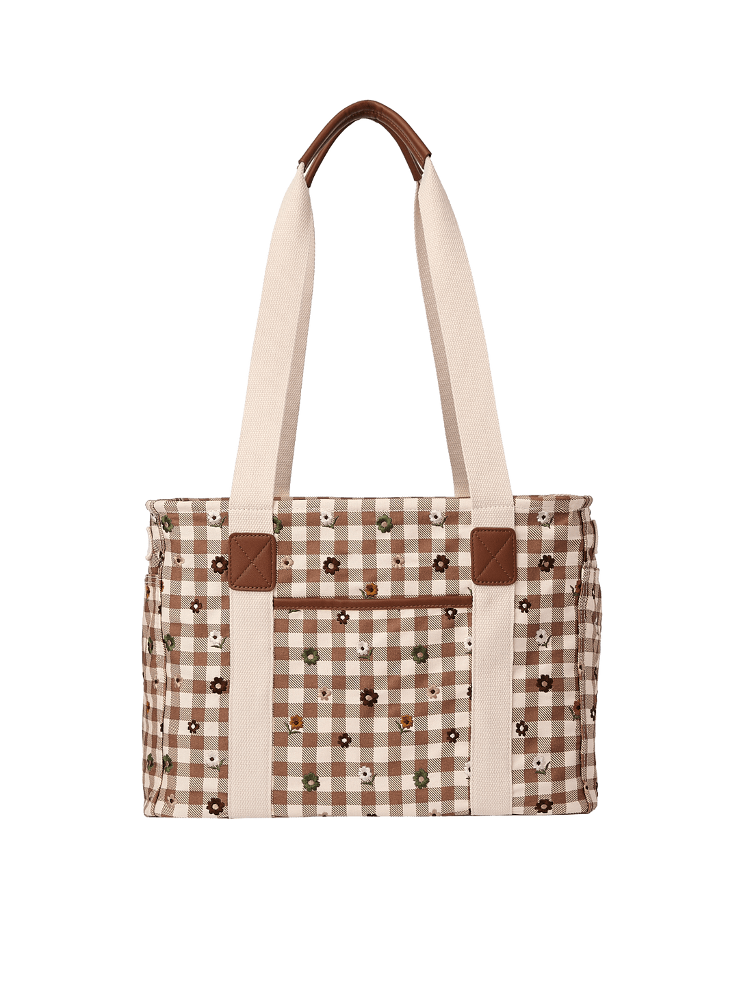 Poppy & Peonies Mini Traveller in October Gingham, featuring a brown and cream checkered canvas exterior with scattered floral embroidery, long cream shoulder straps, and brown trim details.