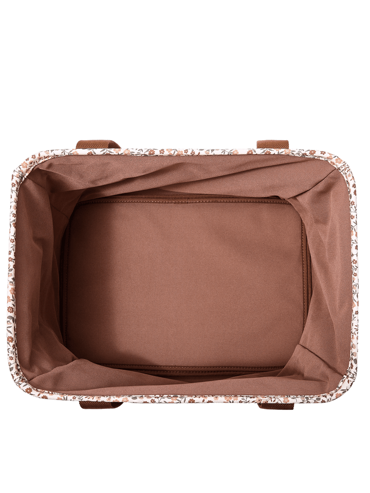 Poppy & Peonies Mini Traveller in October Floral, showing a spacious open interior with warm brown lining and a structured rectangular base.
