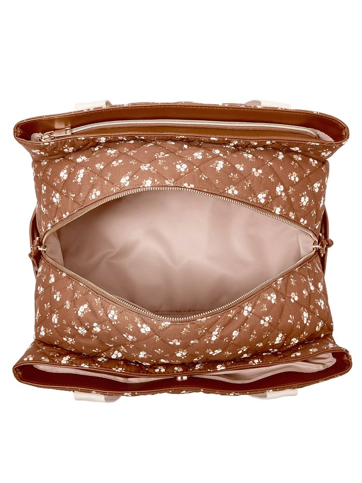Interior of Mini Voyager tote in Brown Floral showing triple-opening compartments and organizer pockets