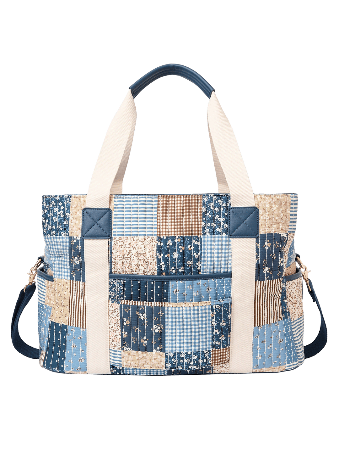 Back view of Mini Voyager tote in Navy Patchwork with trolley sleeve