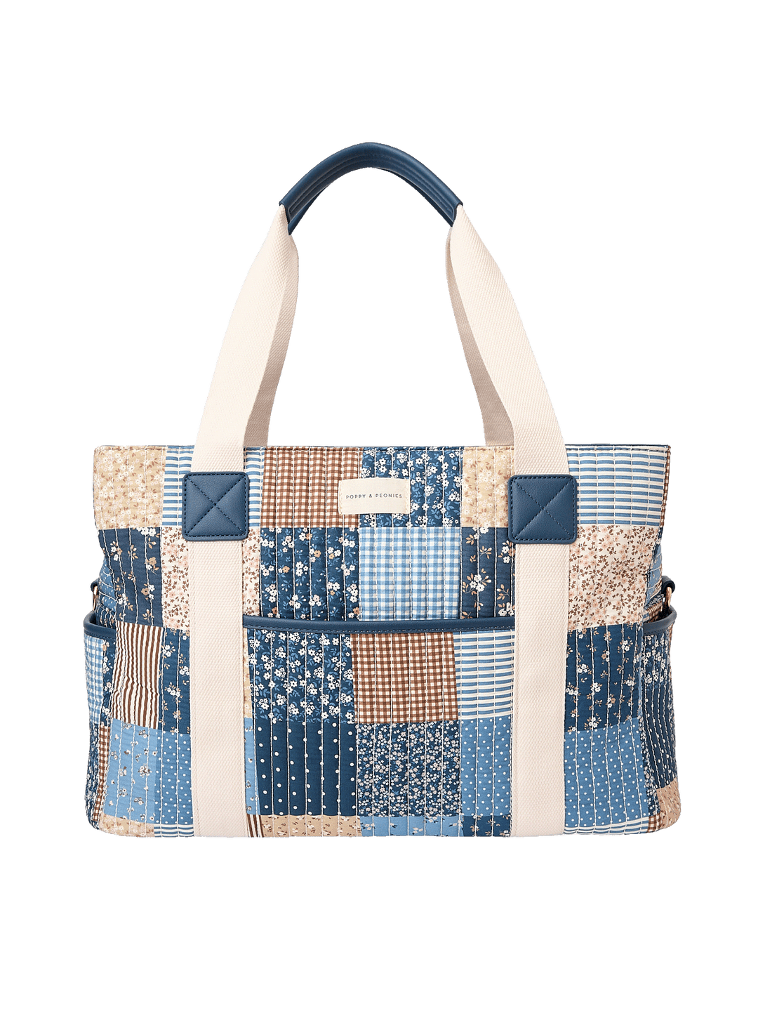 Front view of Mini Voyager tote in Navy Patchwork