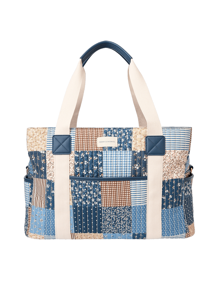 Front view of Mini Voyager tote in Navy Patchwork