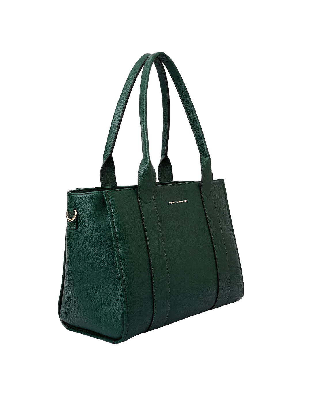 Angled side view of Multitasker tote in Heritage Green
