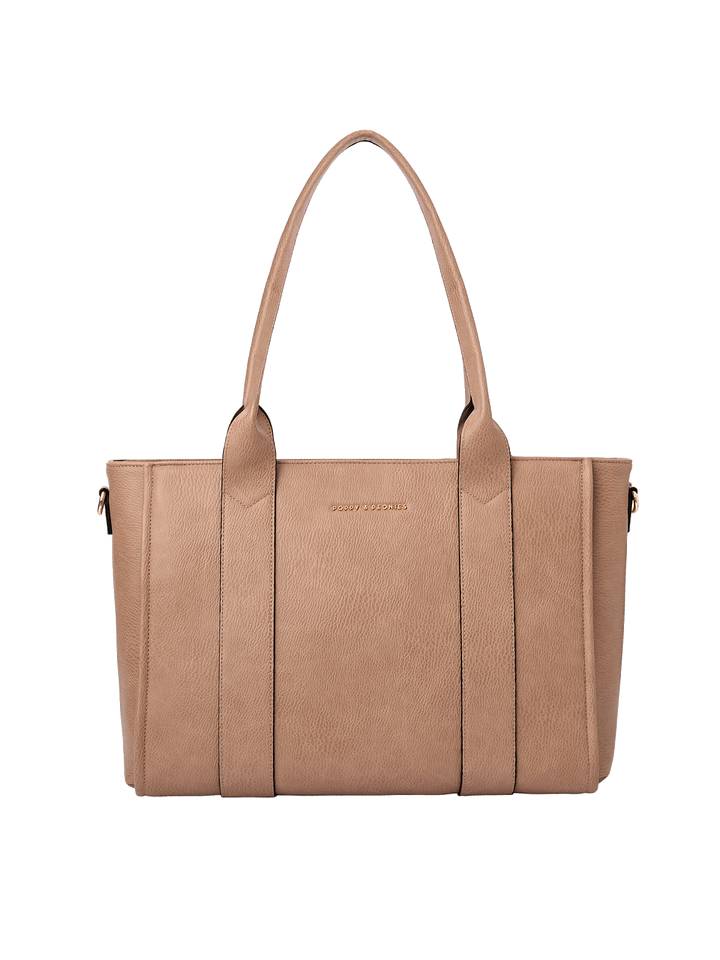 Front view of Multitasker tote in Taupe