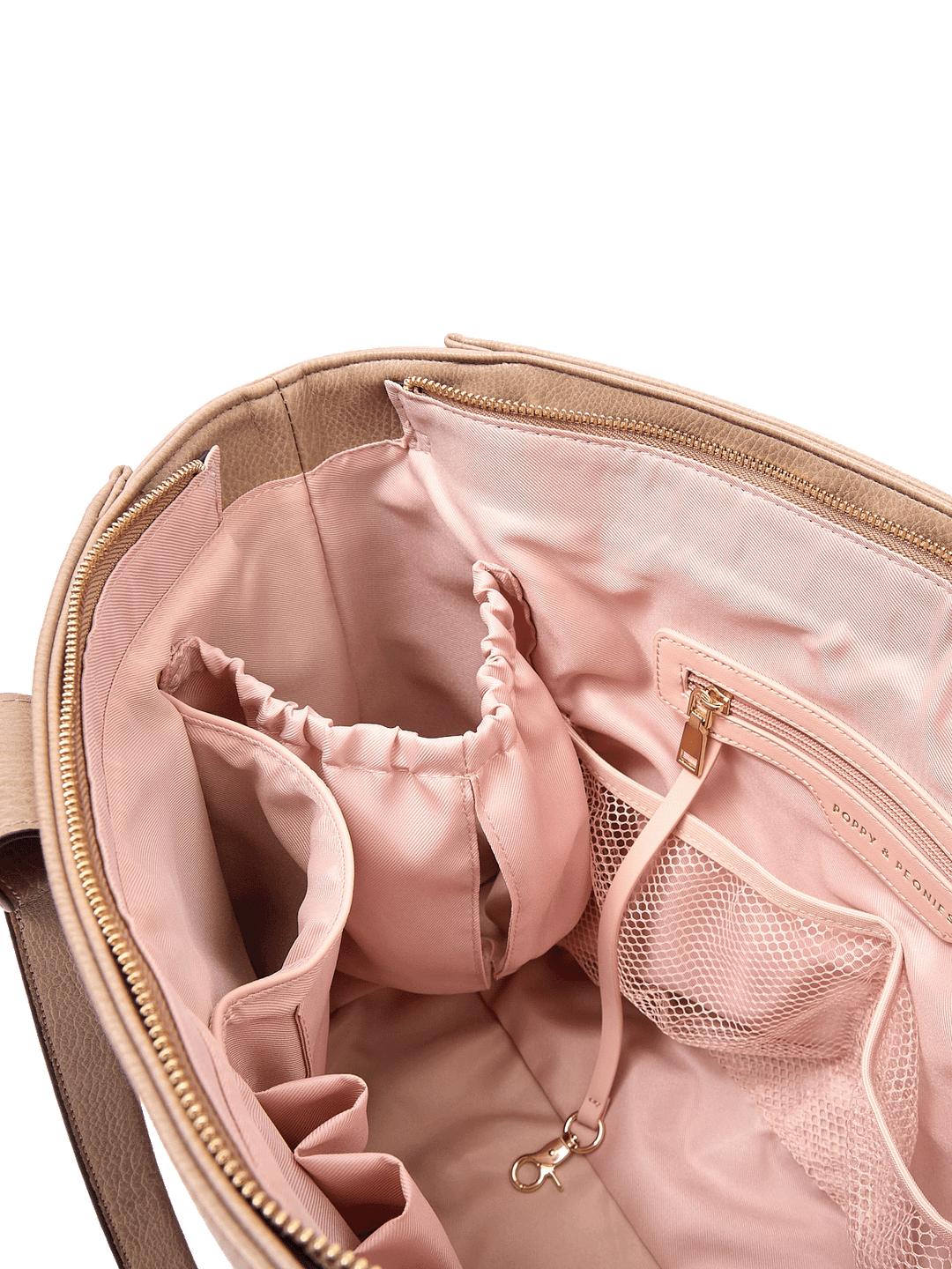 Close-up of Multitasker tote in Taupe interior with mesh pockets, key leash, and water bottle holders