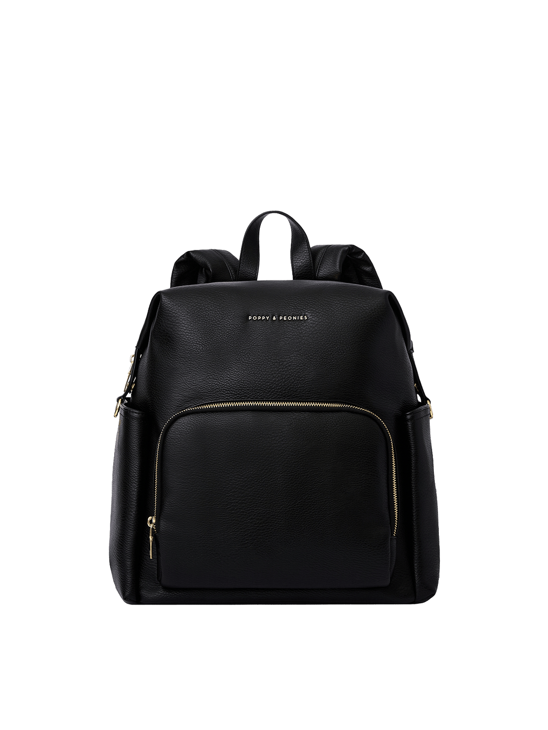 Poppy & Peonies The Cabin Backpack in Black, featuring a black pebbled exterior, large front zippered pocket with gold-tone hardware, top carry handle, and two exterior side pockets.