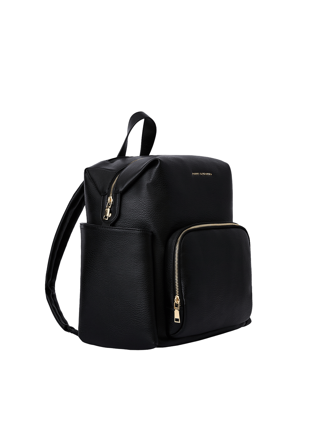 Poppy & Peonies The Cabin Backpack in Black, shown from a three-quarter angle highlighting its structured shape, front zippered pocket, exterior side pocket, and gold-tone zipper hardware.