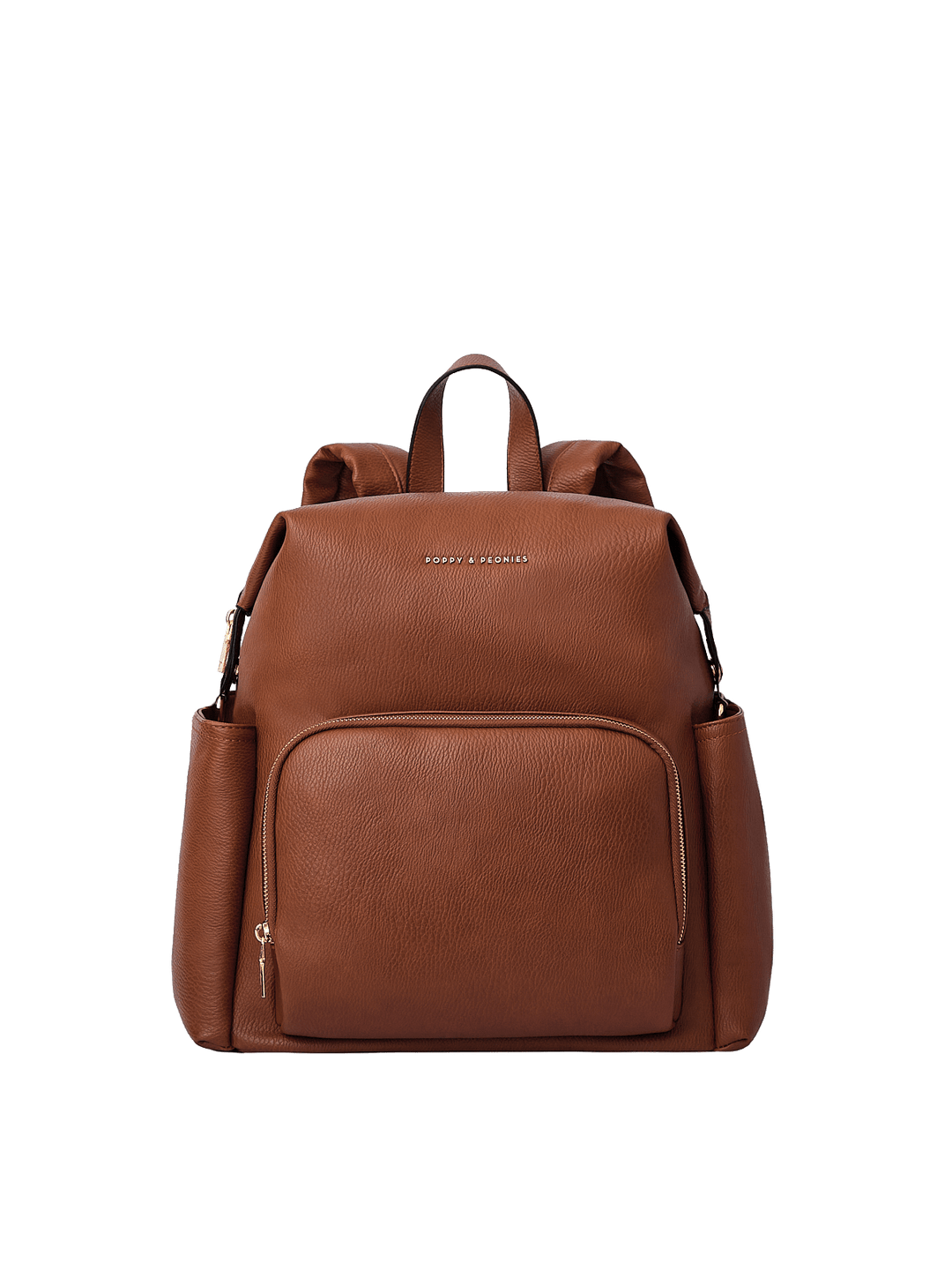 Poppy & Peonies The Cabin Backpack in Chestnut, featuring a warm brown pebbled exterior, large front zippered pocket, top carry handle, and two exterior side pockets.