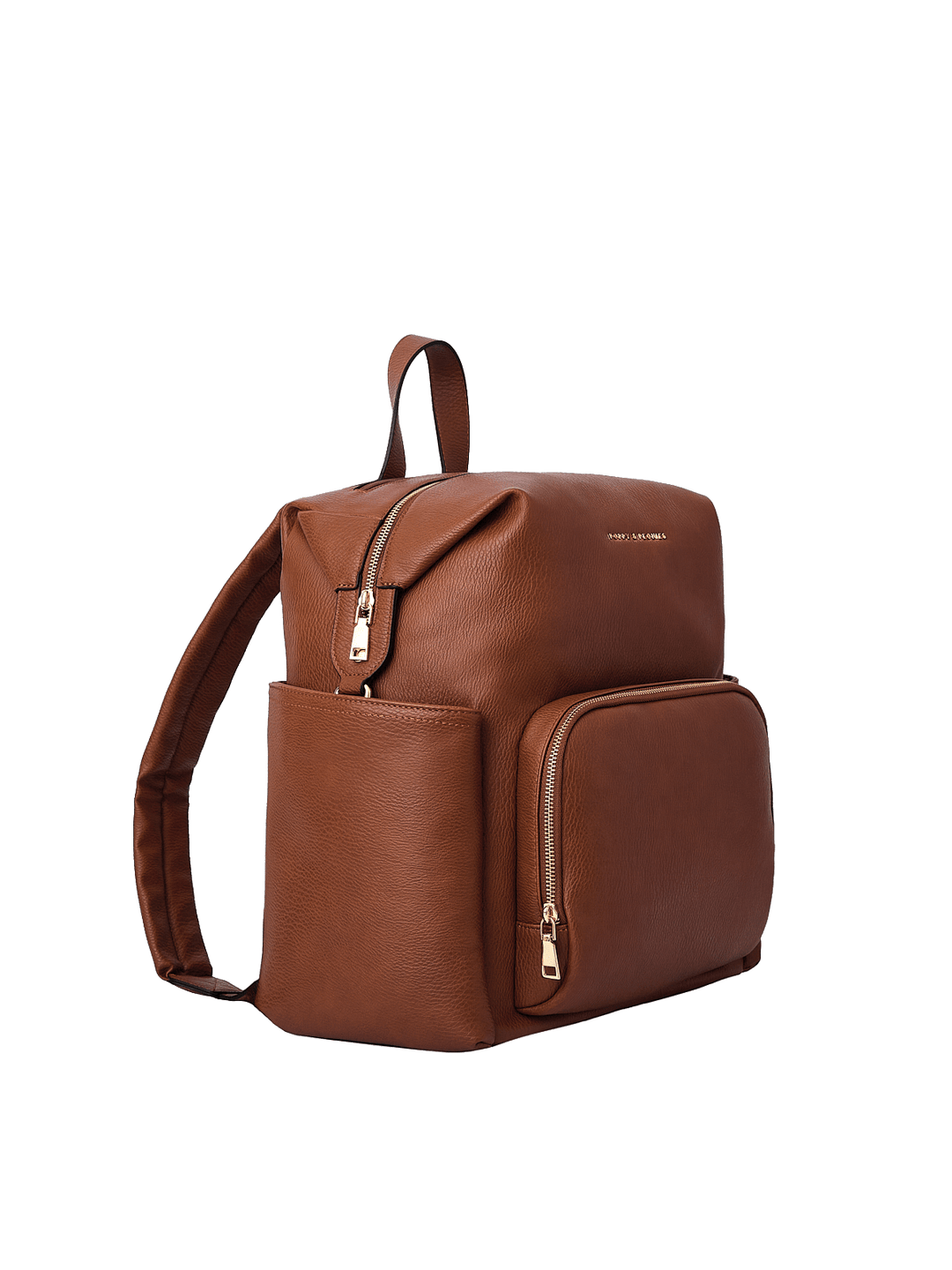 Poppy & Peonies The Cabin Backpack in Chestnut, shown from a three-quarter angle highlighting its structured shape, front zippered pocket, exterior side pocket, and gold-tone zipper hardware.