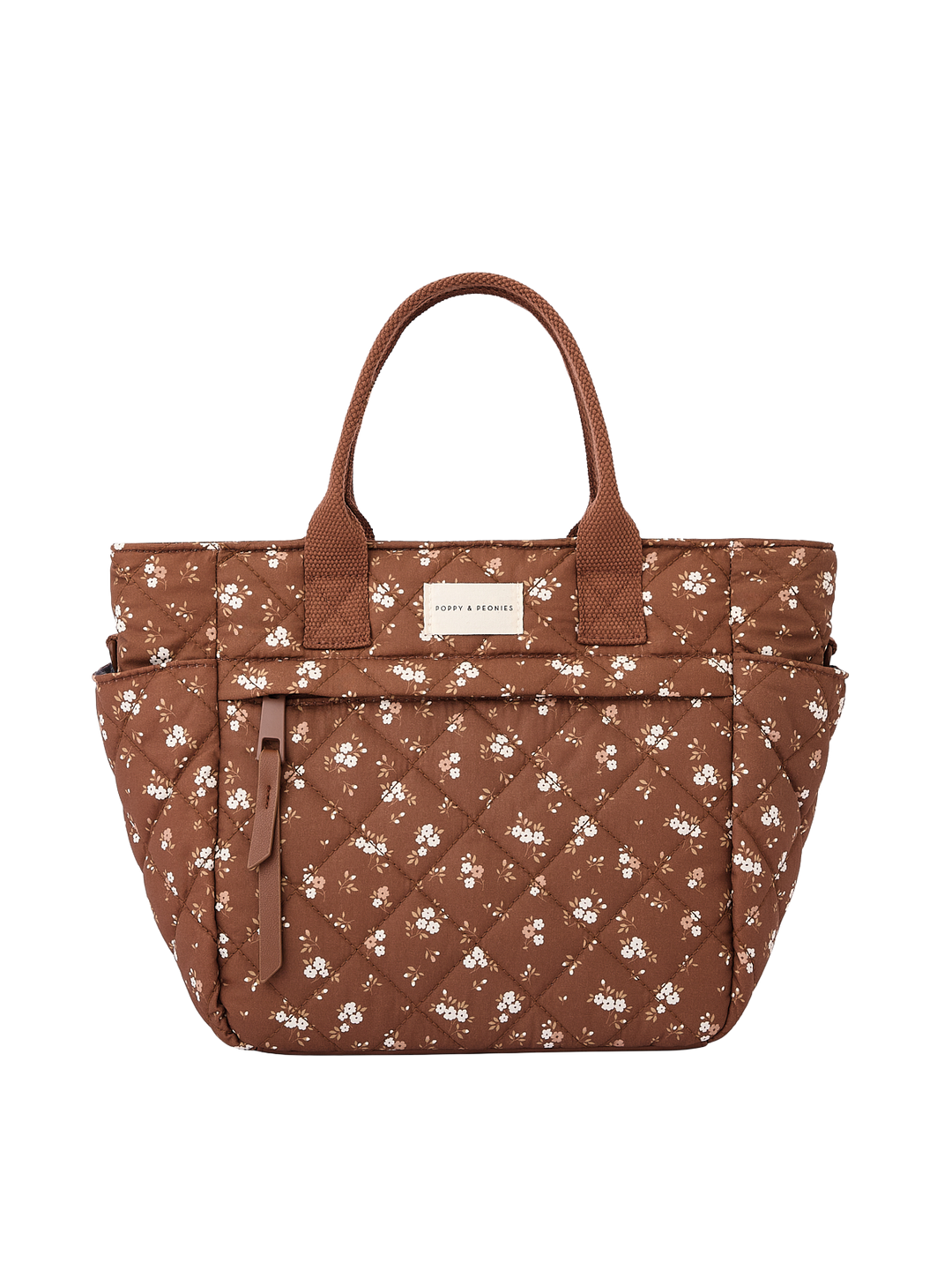 Poppy & Peonies The Lunch Club Lunch Bag in Brown Floral front view.