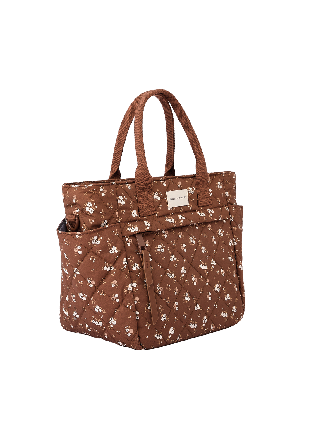Poppy & Peonies The Lunch Club Lunch Bag in Brown Floral angled side view.