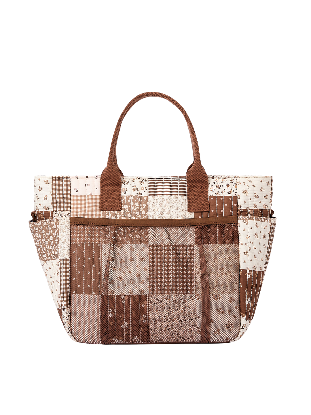 Poppy & Peonies The Lunch Club Lunch Bag in Brown Patchwork back view.